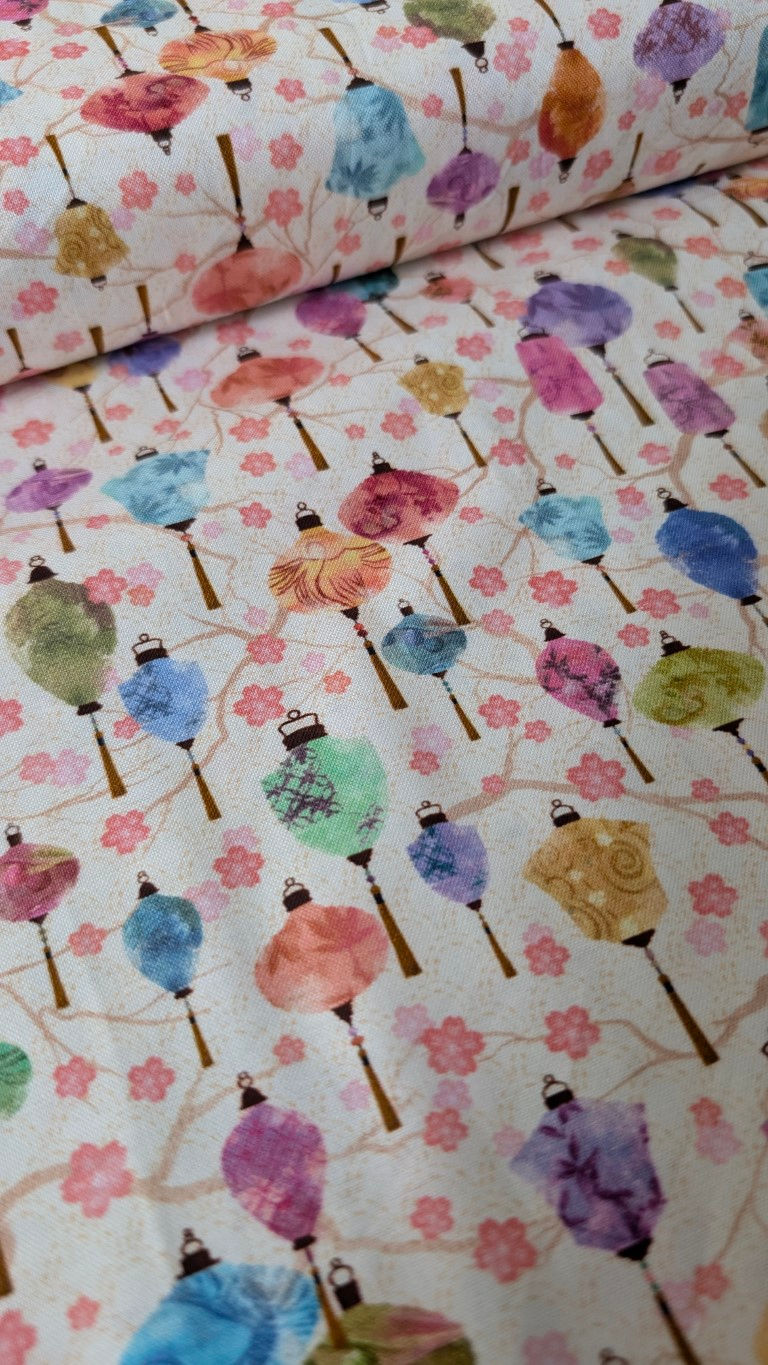 Thumbnail: Fabric with colorful lantern design, blossoms, Colourful Lantern Fabric - Meditations on Japan by Sew Pretty Sew Mindf.
