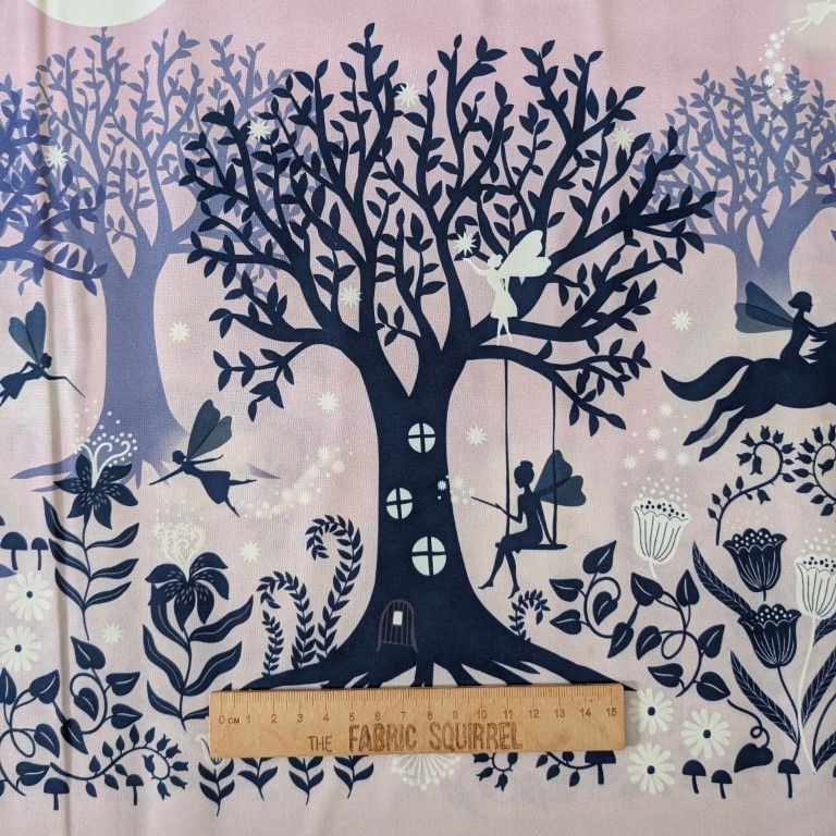Thumbnail: Fabric with illustrated trees, fairies and a ruler for scale. The Fabric Squirrel
