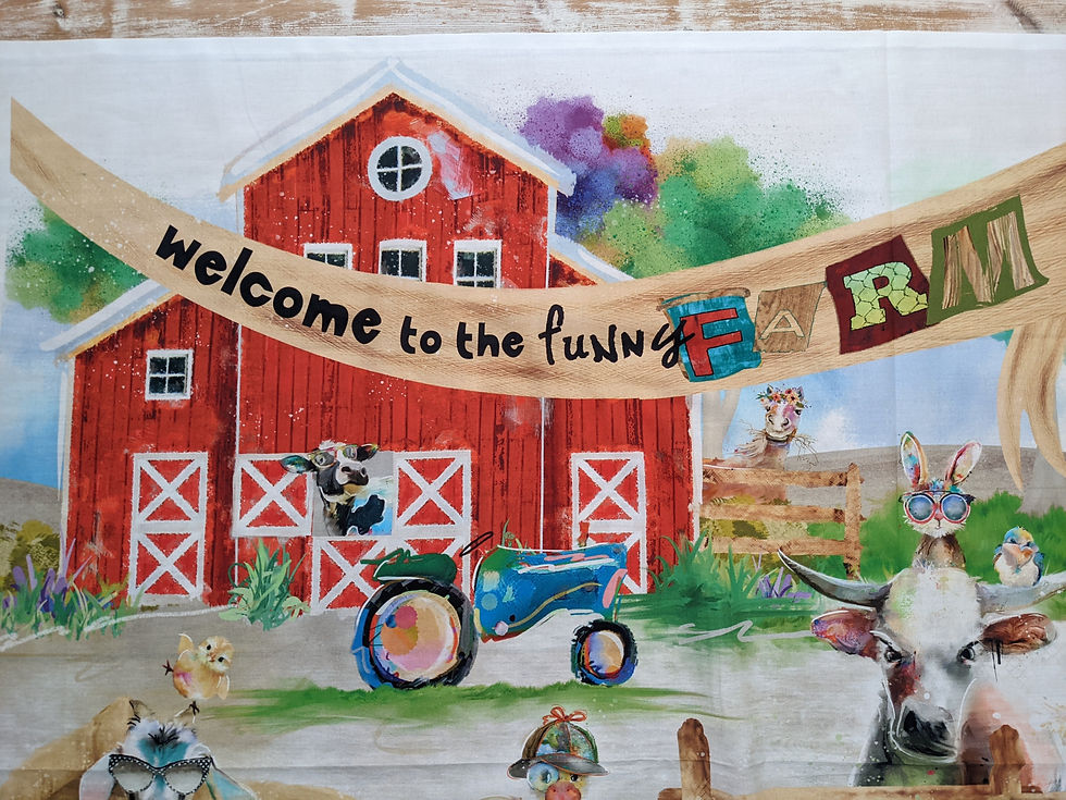 Thumbnail: Red barn with a welcome banner and illustrated farm animals.