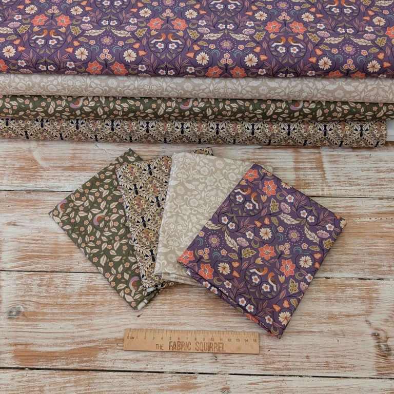 Thumbnail: Fabric swatches with floral patterns; Purple Guitar Fabric - Tossed Guitars by Oasis Fabrics Designs
