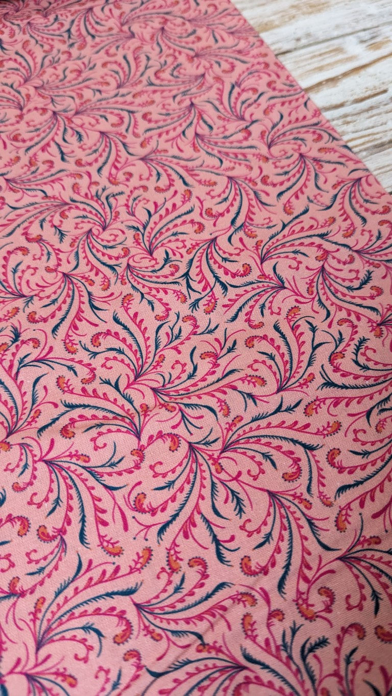 Thumbnail: Pink fabric with intricate paisley pattern design; textile background; The Fabric Squirrel
