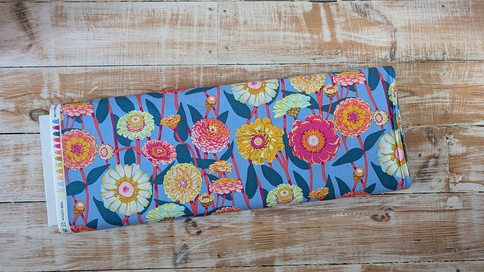 Thumbnail: Floral fabric roll with colorful flowers on blue background, The Fabric Squirrel