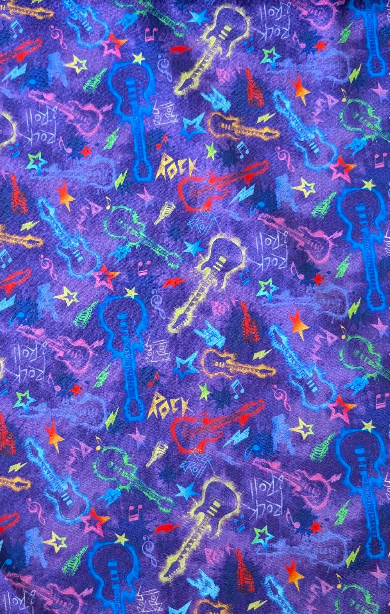 Thumbnail: Purple Guitar Fabric - Tossed Guitars from Rockin' Out by Oasis Fabrics Designs with guitars and stars.