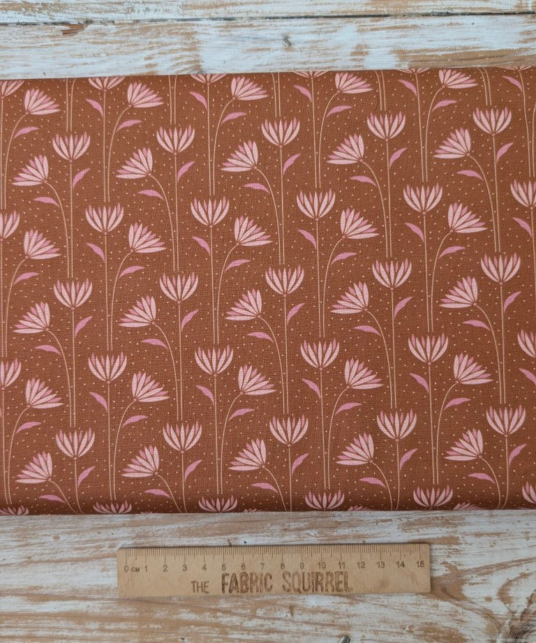 Thumbnail: Brown fabric with pink floral pattern, The Fabric Squirrel's design, detailed print