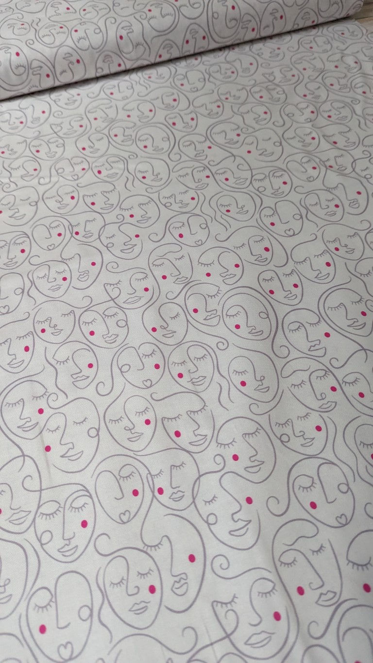 Thumbnail: Abstract fabric pattern with gray faces and red dots on a white background.
