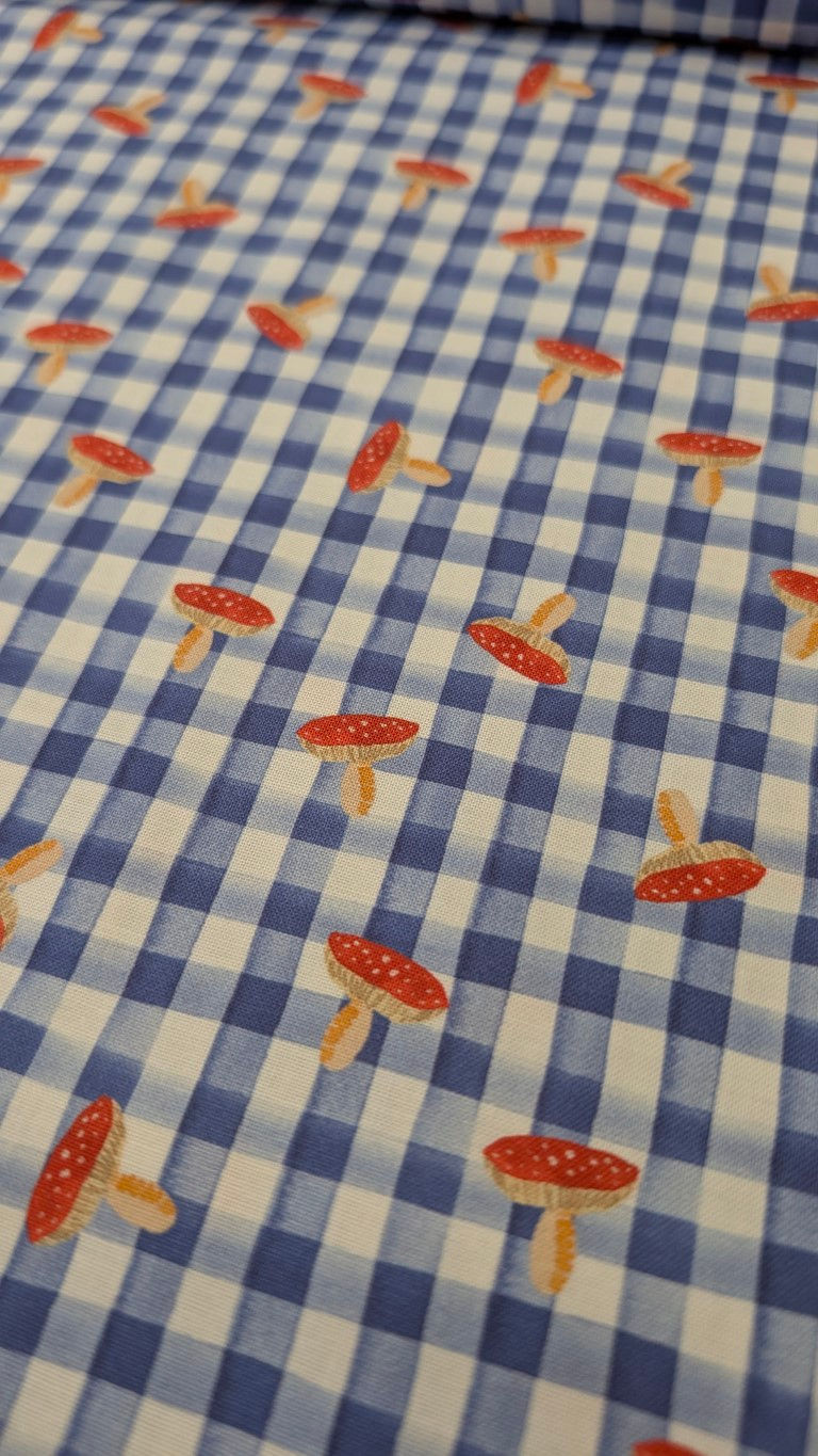 Thumbnail: Fabric with red mushrooms on blue and white checkered pattern background