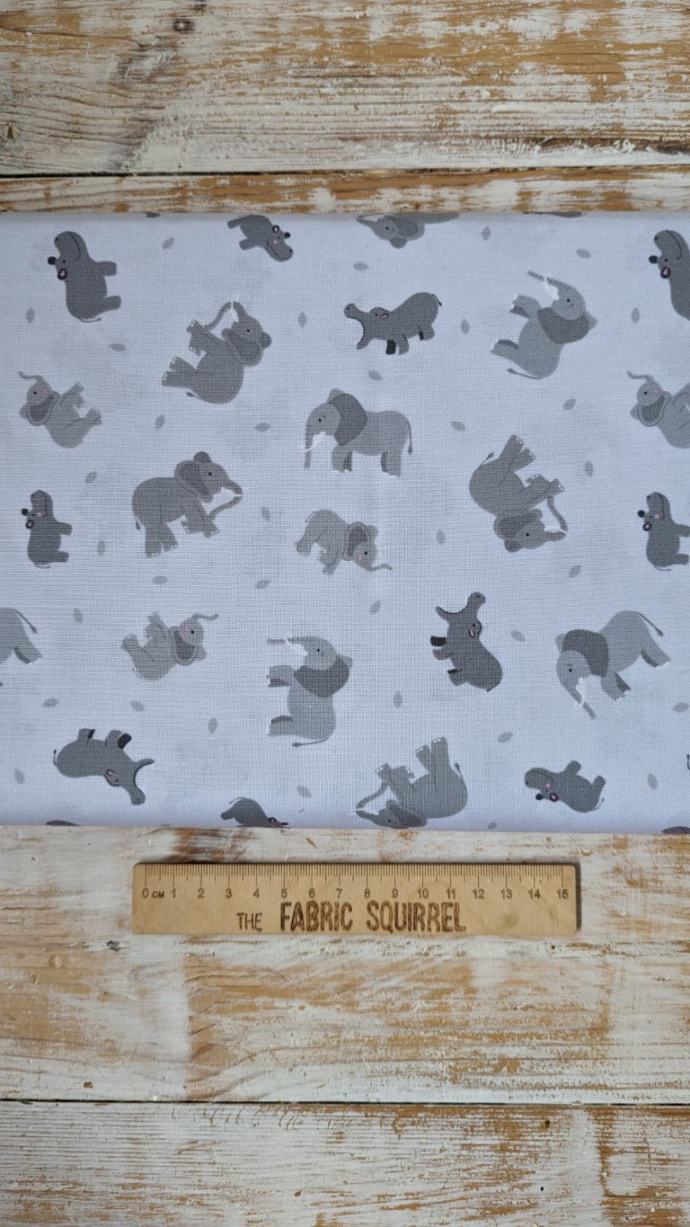Thumbnail: Fabric with gray elephant pattern, The Fabric Squirrel, on a white background.