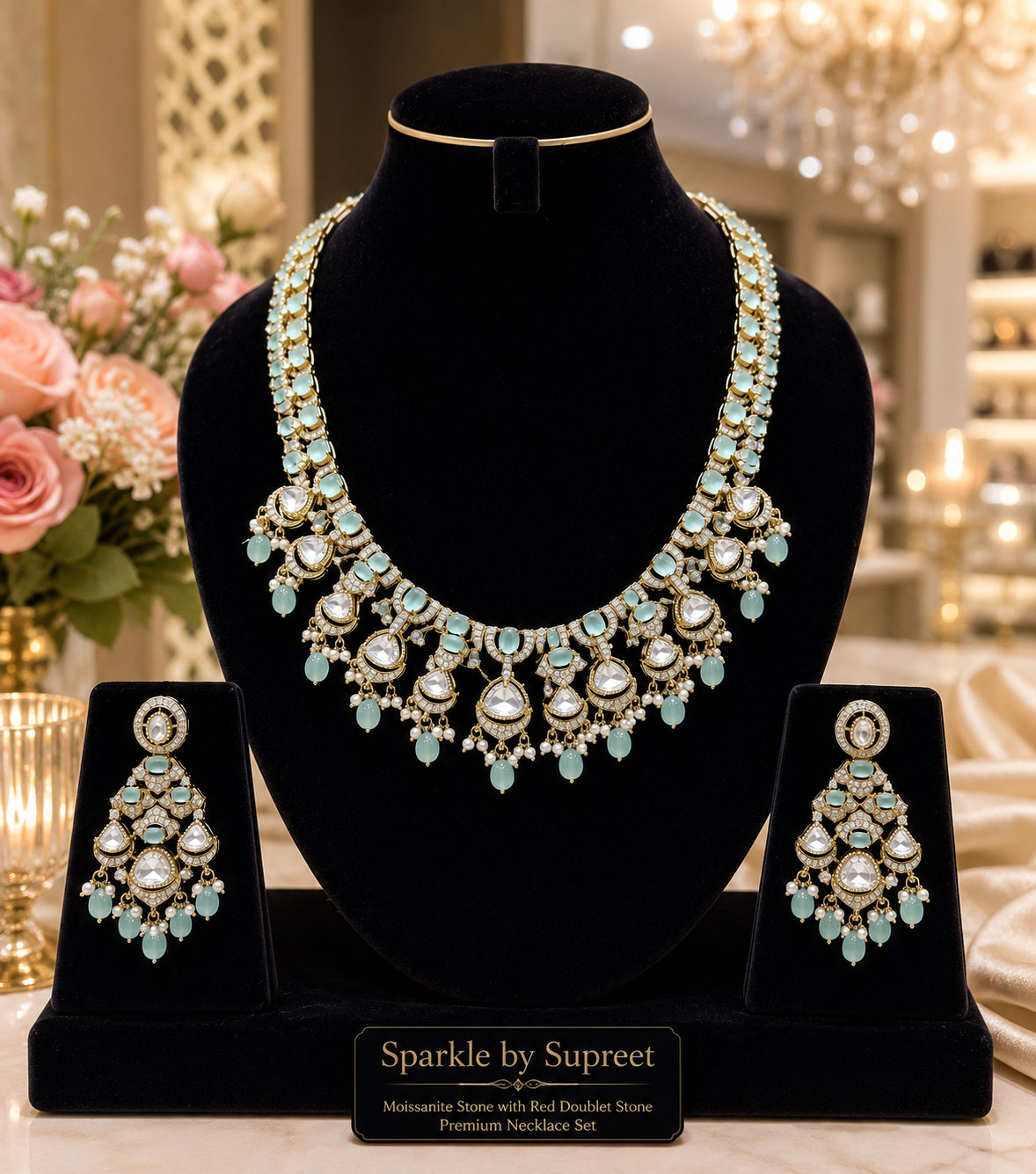 Celeste Mint Moissanite Doublet Stone Premium Necklace Set