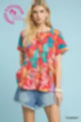 Abstract Floral Pleated Blouse