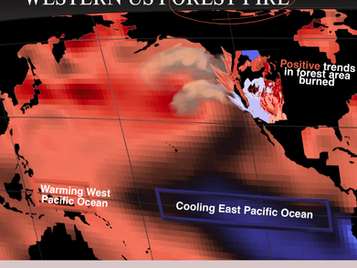 Map of ocean temperatures and western US fire impacts