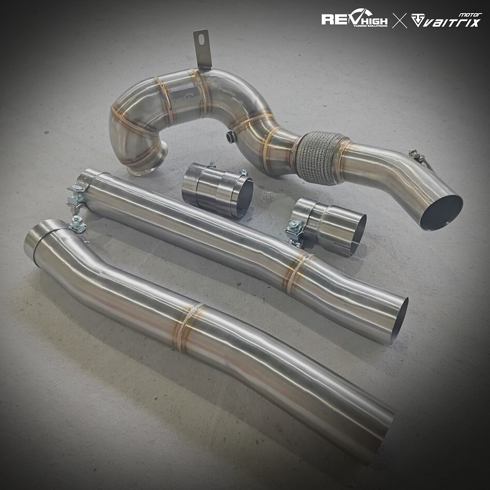 Metal pipes and connectors on a gray surface, featuring welded joints. Logo of "Revhigh x Vaitrix" in the corner. Industrial mood.