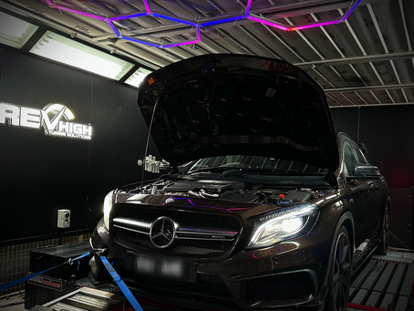 Ben’s 2016 Mercedes GLA45 AMG on the dyno at Revhigh after receiving a custom tune and high-flow downpipes, showing a power increase to 283kW at all four wheels.