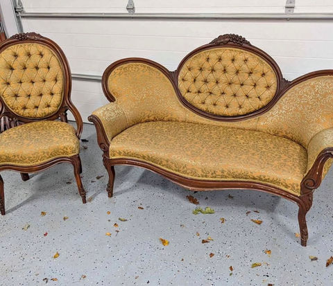 carved wood, tufted upholstery, gold