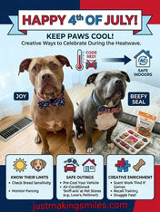 A 4th of July pet safety infographic titled 'Keep Paws Cool! Creative Ways to Celebrate During the Heatwave.' It features dogs Joy and Beefy Seal wearing patriotic bowties indoors near an air conditioning vent with a dog puzzle toy. The graphic advises staying 'Safe Indoors' during a 'Code Red' heatwave and lists three main tips: 'Know Their Limits' by checking breed sensitivity and monitoring panting; 'Safe Outings' by pre-cooling vehicles and doing air-conditioned 'sniff-aris' at stores like Lowe's or PetSmart; and 'Creative Enrichment' through scent work games, recall training, and a snuggle fest.