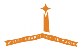 White and Orange Stuido Whim logo, reads "Whim, Where Hearts Ignite Magic"