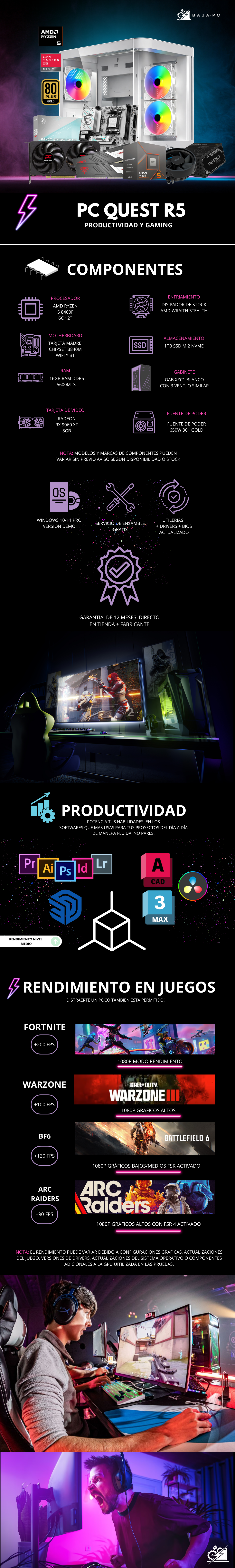 PC QUEST R5 / AMD RYZEN 5 8400F / RADEON RX 9060 XT 8G / 16GB RAM DDR5 / 1TB SSD NVME / FUENTE 650W 80+ GOLD / W11 PRO / PROMOCION