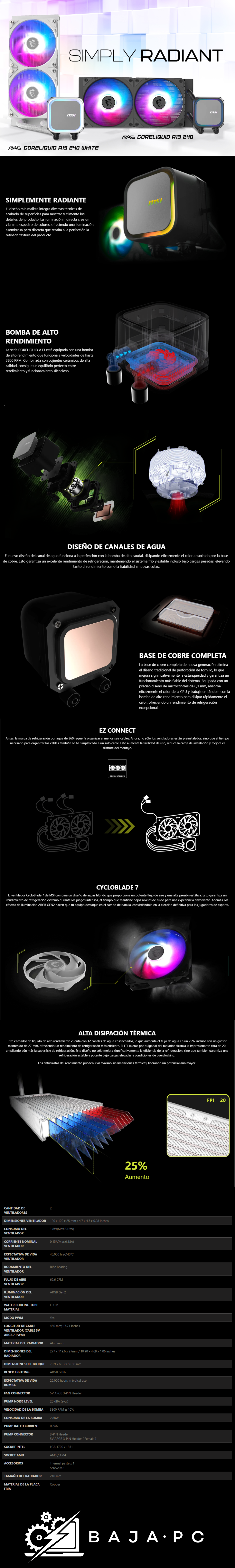Enfriamiento Líquido / MSI MAG CORELIQUID A13 240 / ARGB / Ez Connect / Doble Ventiladores ARGB PWN de 120mm / Negro / MAG CORELIQUID A13 240