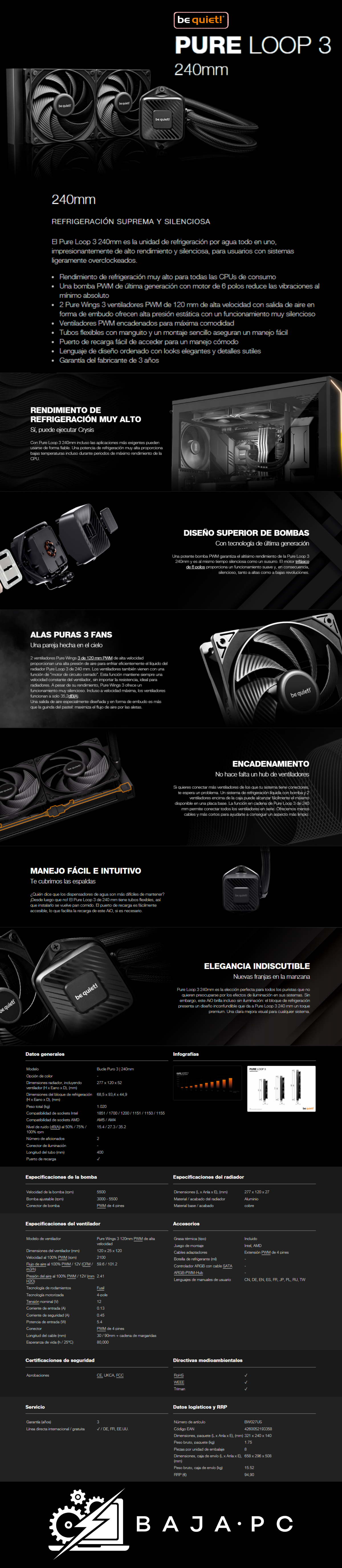ENFRIAMIENTO LÍQUIDO BE QUIET! PURE LOOP 3 / 2X120MM / NEGRO / BW027US