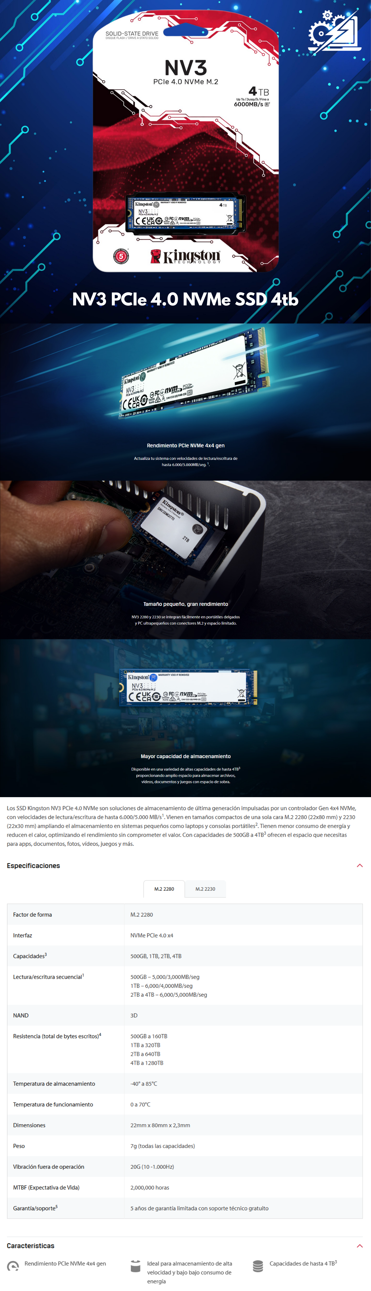 SSD Kingston NV3S NVMe, 4TB, M.2, 5000 MB/s Escritura, 6000 MB/s Lectura, PCI Express 4.0