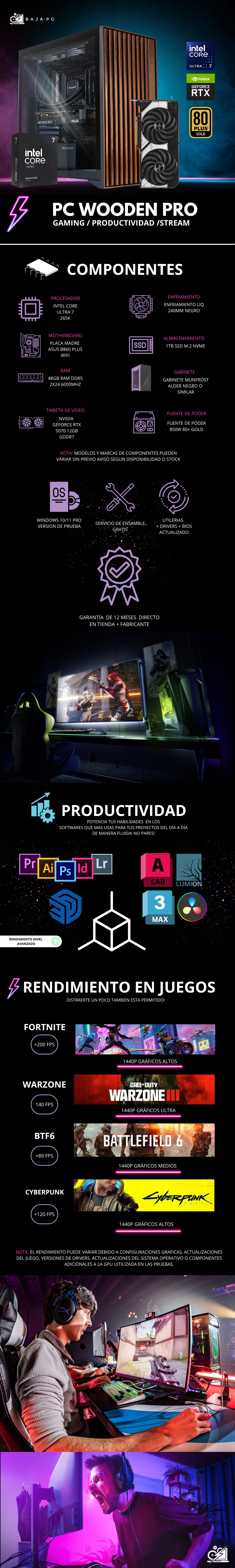 PC WOODEN PRO / INTEL CORE ULTRA 7 265K / RTX 5070 / 48GB RAM DDR5 / 1TB SSD NVME / FUENTE 850W 80+ GOLD / ENFRIAMIENTO LIQ 240MM / W11 PRO / B860 / PROMOCION