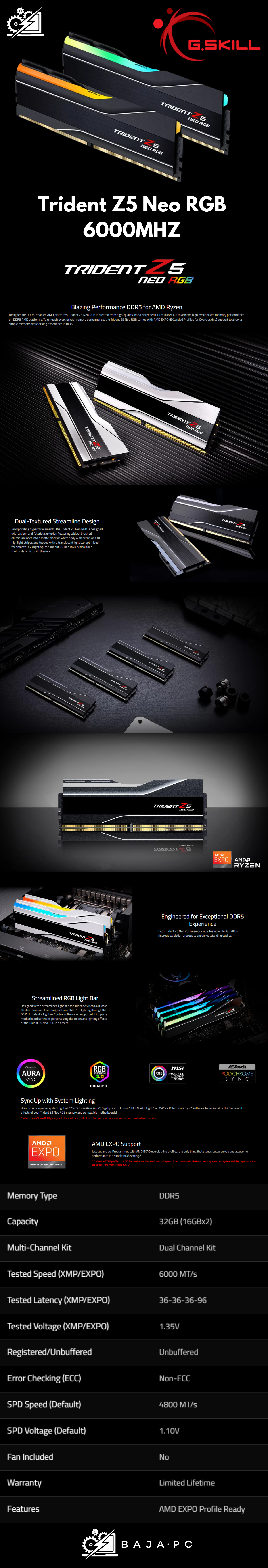 Memoria RAM G.Skill Trident Z5 Neo RGB DDR5 / 6000MHz / 32GB (2x16GB) / Non-ECC / CL30 / EXPO / F5-6000J3038F16GX2-TZ5NR / SOLO VENTA EN ENSAMBLE