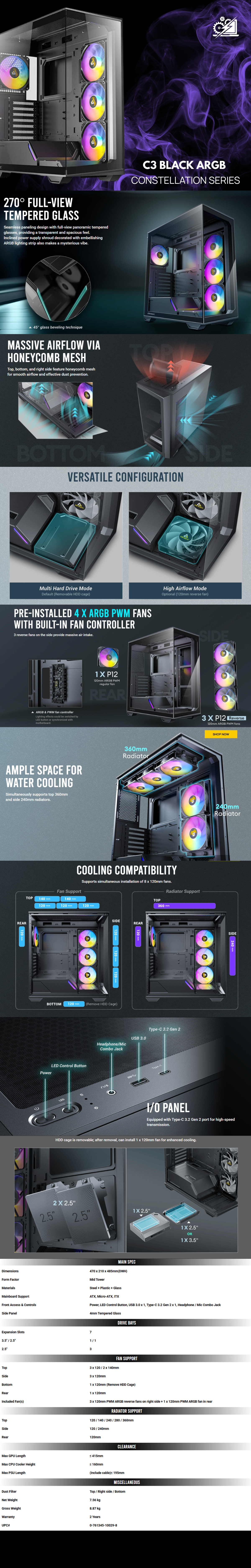 Gabinete Antec C3 ARGB / Midi-Tower, ATX/E-ATX/ITX/Micro-ATX / USB 2.0/3.0 / Sin Fuente / 4 Ventiladores Instalados / Black / C3 ARGB