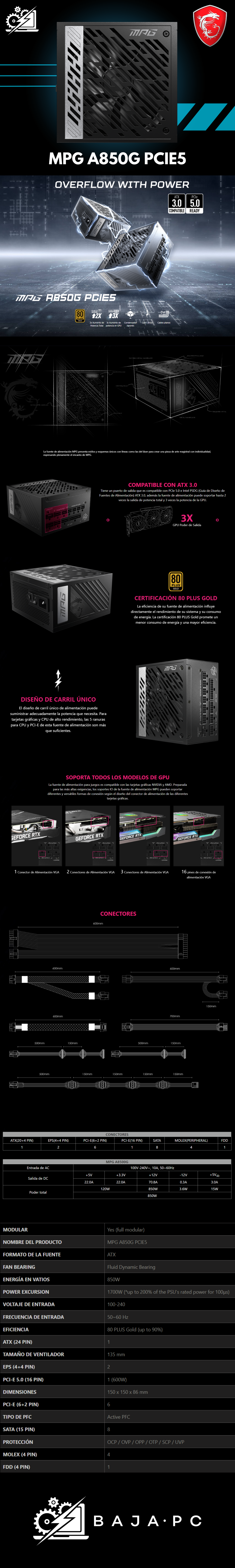Fuente de Poder MSI MPG A850G PCIE5 80 PLUS Gold / 24-pin ATX / 135mm / 850W / MPG A850G PCIE5 / ATX 3.0