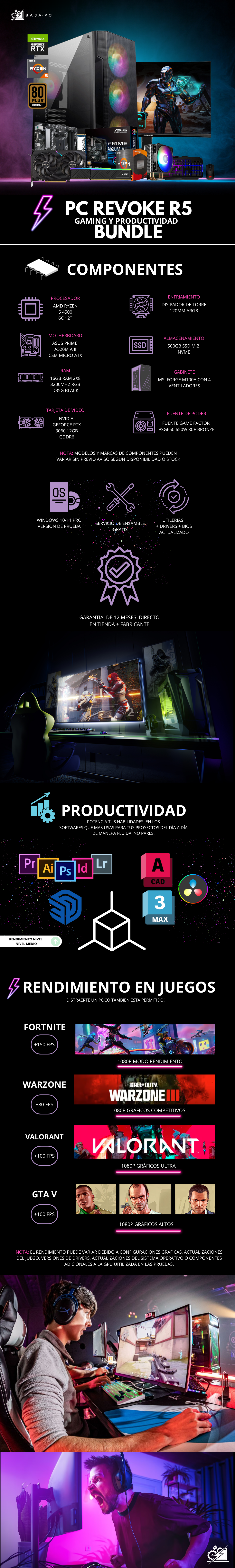 PC REVOKE R5 BUNDLE / AMD RYZEN 5 4500 / RTX 3060 / 16GB RAM / 500GB SSD M.2 NVME / DISIPADOR DE TORRE ARGB / FUENTE 650W 80+ BRONZE / INCLUYE MONITOR 27" FHD 180HZ 1MS/ KIT TECLADO Y MOUSE MSI GK100 COMBO / PROMOCION