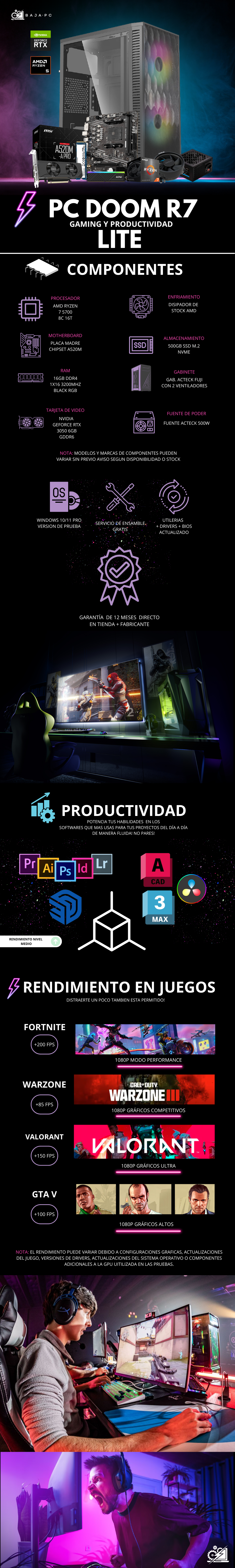 PC DOOM R7 LITE/ AMD RYZEN 7 5700 / RTX 3050 / 16GB RAM / 500GB SSD NVME / FUENTE 500W / PROMOCION