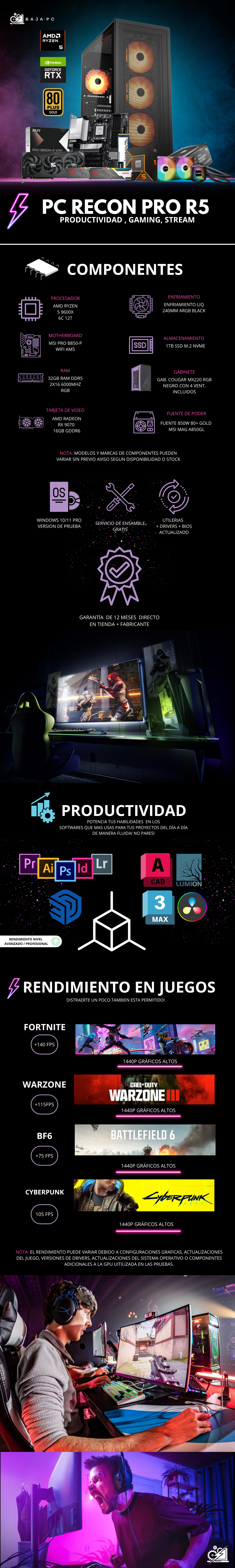 PC RECON PRO R5 / AMD RYZEN 5 9600X / RADEON RX 9070 16G/ 32GB RAM DDR5 / 1TB SSD NVME / ENFRIAMIENTO LIQ 240MM / FUENTE 850W 80+ GOLD / W11 PRO / PROMOCION