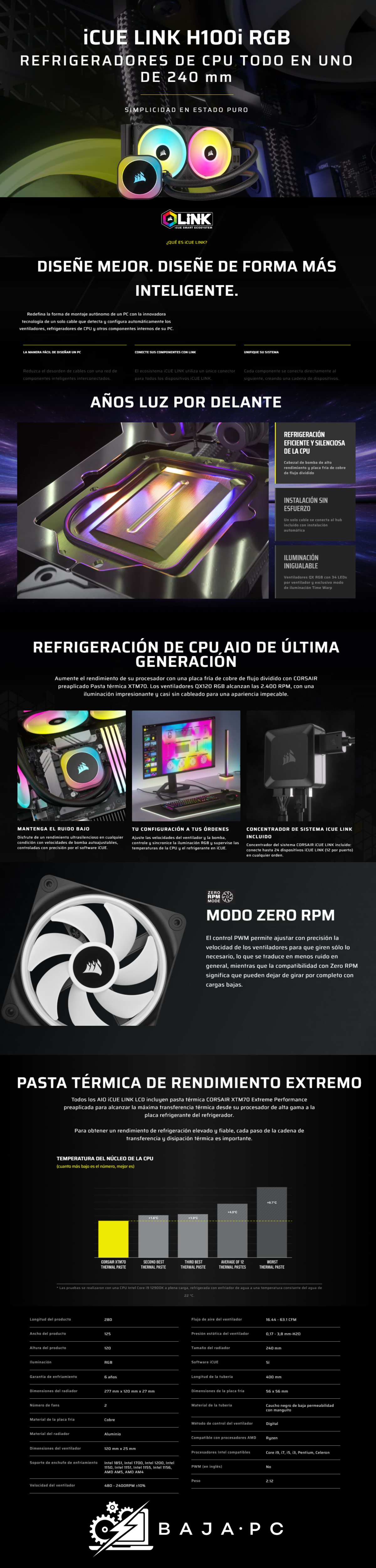 Enfriamiento Líquido Corsair H100i iCue Link RGB AIO 240 / 2x120mm / Black / 480-2400 RPM / CW-9061001-WW