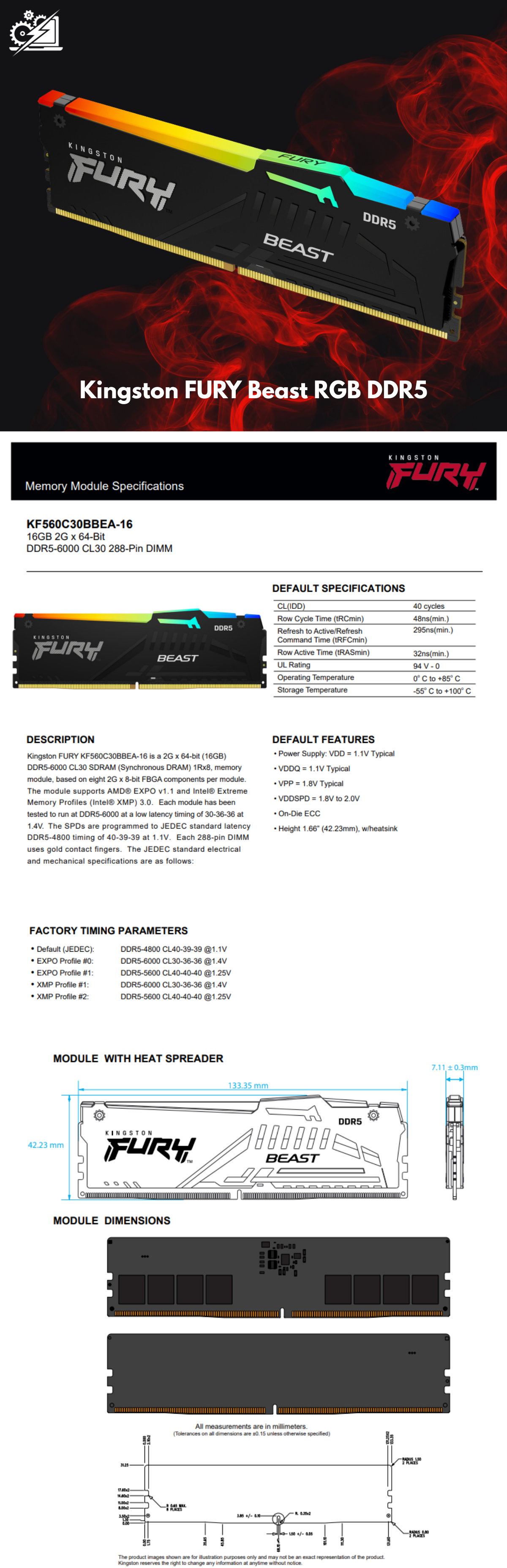 Memoria RAM Kingston FURY Beast RGB DDR5, 6000MHz, 16GB, CL30, XMP / SOLO VENTA EN ENSAMBLE