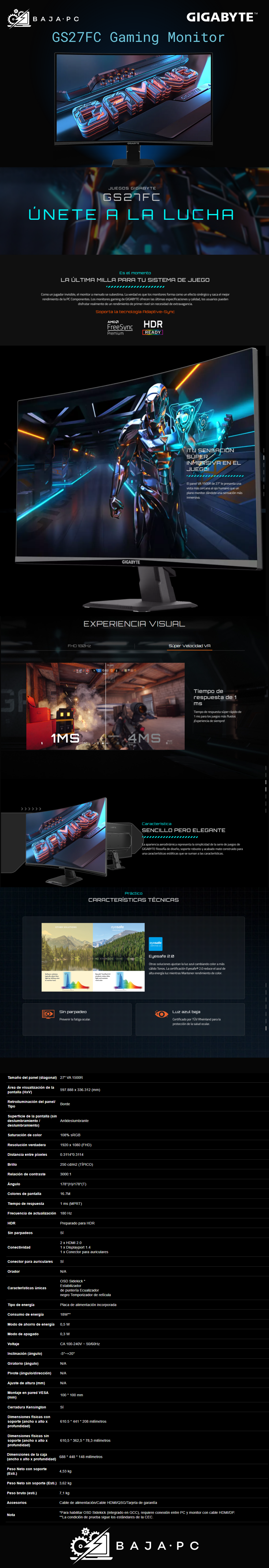 Monitor Gamer Curvo Gigabyte GS27FC LCD 27", 1920x1080 Full HD, FreeSync, 180Hz, HDMI/DisplayPort, Negro