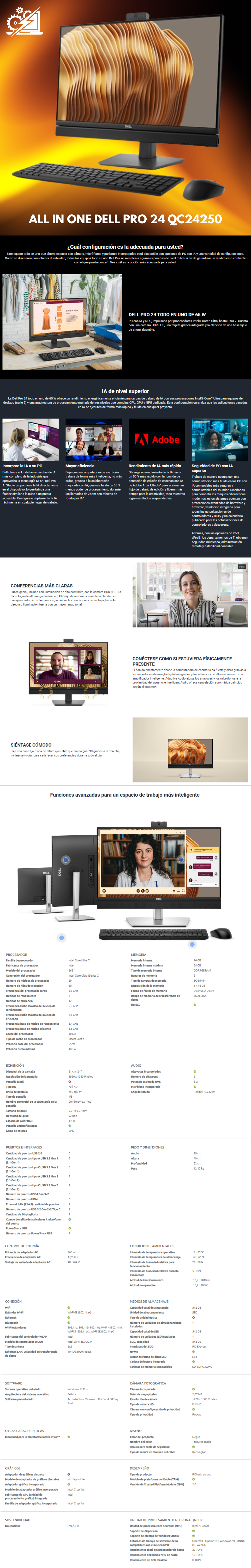 ALL IN ONE DELL PRO 24 QC24250 / Core Ultra 7 265, 16 GB, 512GB SSD, Windows 11 Pro.