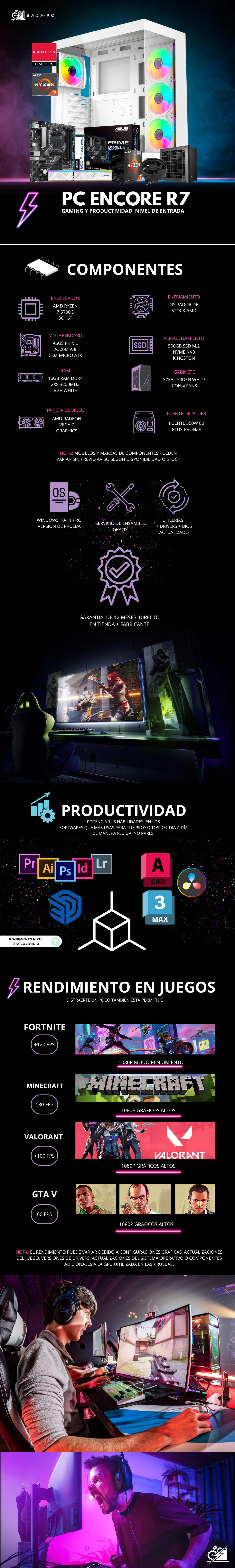 PC ENCORE R7 / AMD RYZEN 7 5700G / RADEON VEGA GRAPHICS / 16GB RAM / 500GB M.2 NVME / FUENTE 550W 80+ BRONZE / PROMOCION