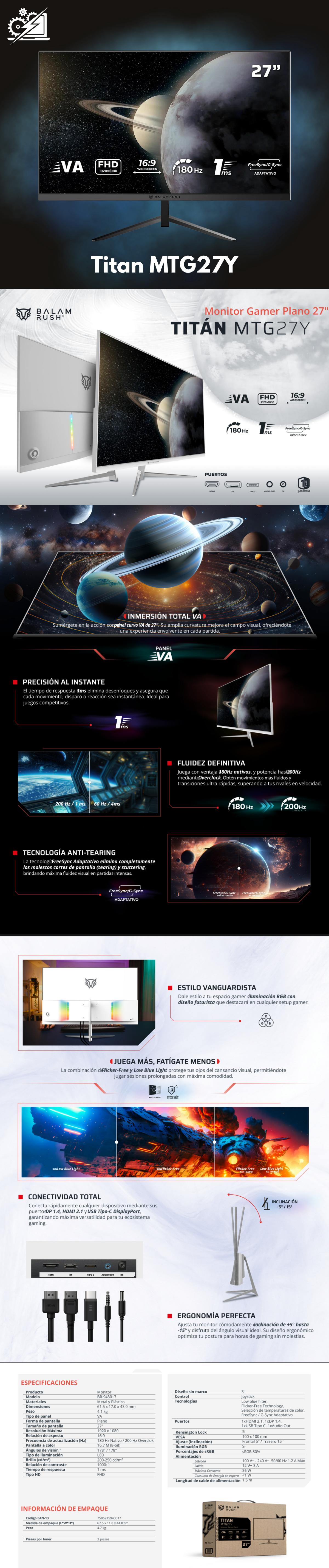 Monitor Gamer Balam Rush Titan MTG27Y LED 27", 1920x1080 Full HD, G-Sync/FreeSync, 180Hz, HDMI/DisplayPort, Negro