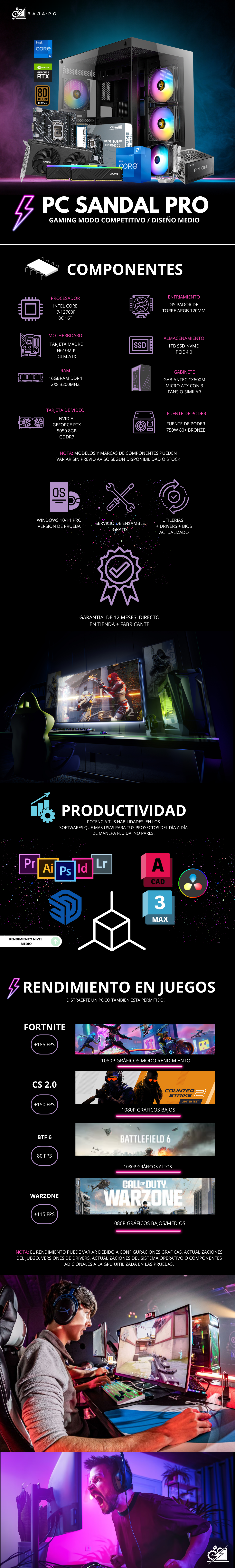 PC SANDAL PRO / INTEL CORE I7-12700F / RTX 5050 / 16GB RAM / 1TB SSD NVME / DISIPADOR DE TORRE / FUENTE 750W 80+ BRONZE / W11 PRO / PROMOCION