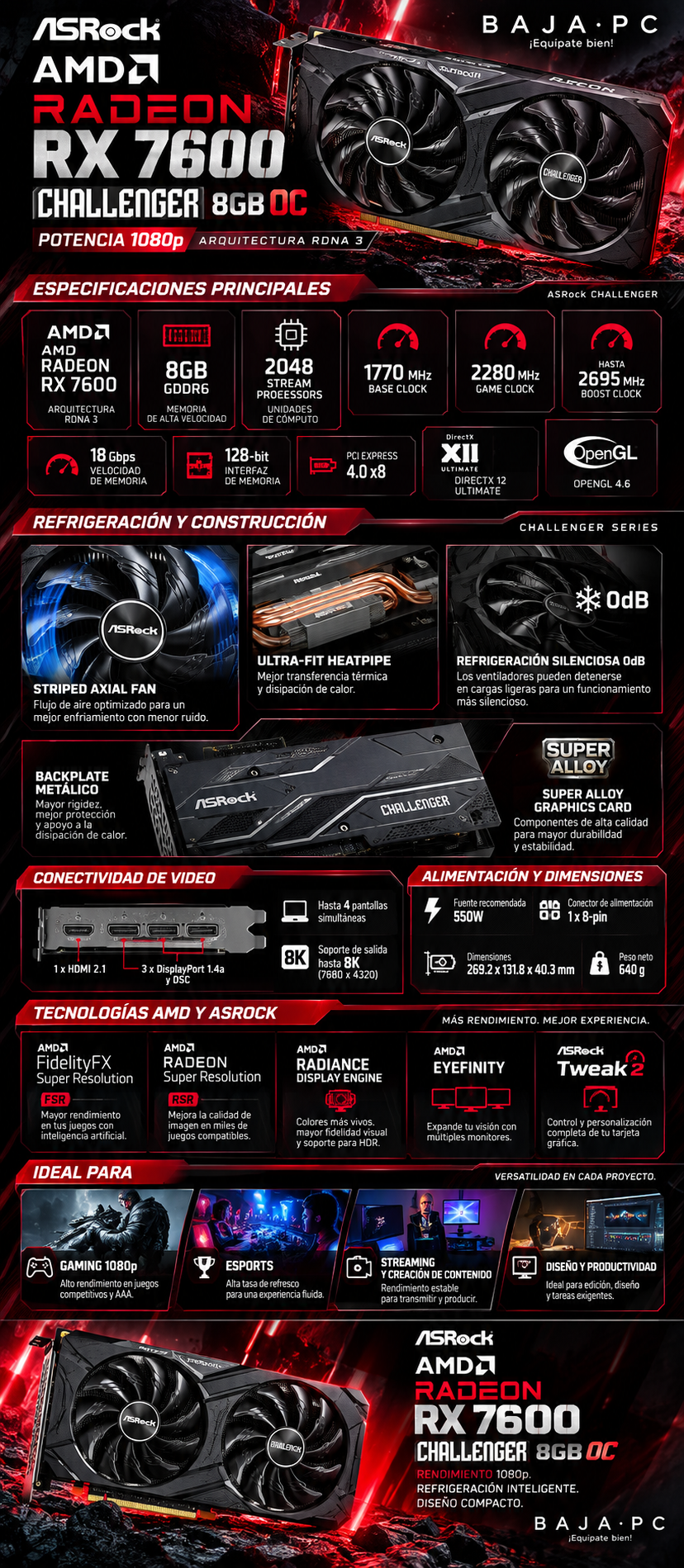 Tarjeta de Video ASRock AMD Radeon RX 7600 Challenger 8GB OC / 8GB 128-bit GDDR6 / PCI Express 4.0 / RX7600 CL 8G