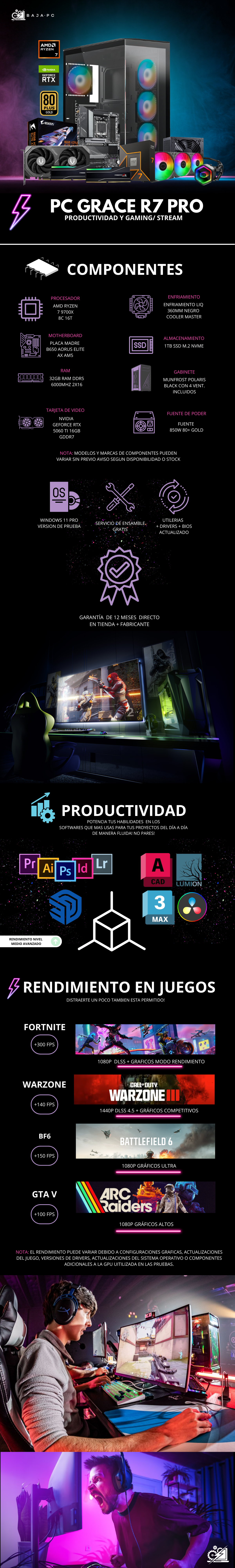 PC GRACE R7 PRO / AMD RYZEN 7 9700X / RTX 5060 TI 16G / 32GB RAM DDR5 / 1TB SSD NVME / ENFRIAMIENTO LIQ 360MM / 850W 80+ GOLD / W11 PRO / PROMOCION