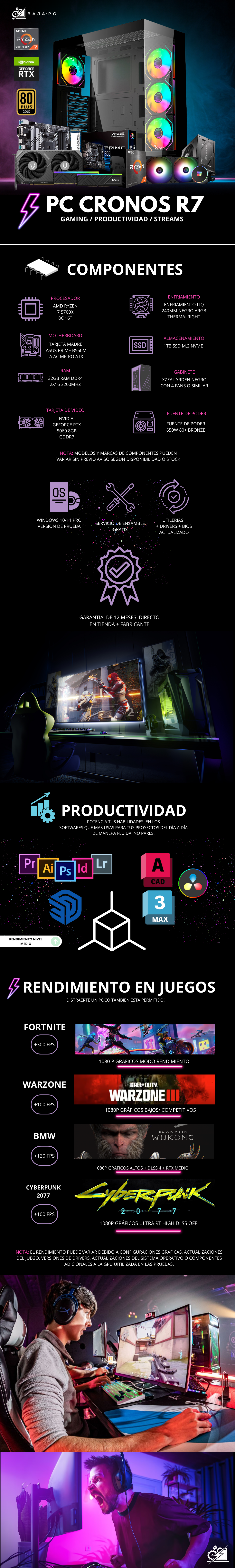 PC CRONOS R7 / AMD RYZEN 7 5700X / RTX 5060 / 32GB RAM / 1TB SSD M.2 NVME / ENFRIAMIENTO LIQ 240MM / FUENTE 650W 80+ BRONZE / PROMOCION