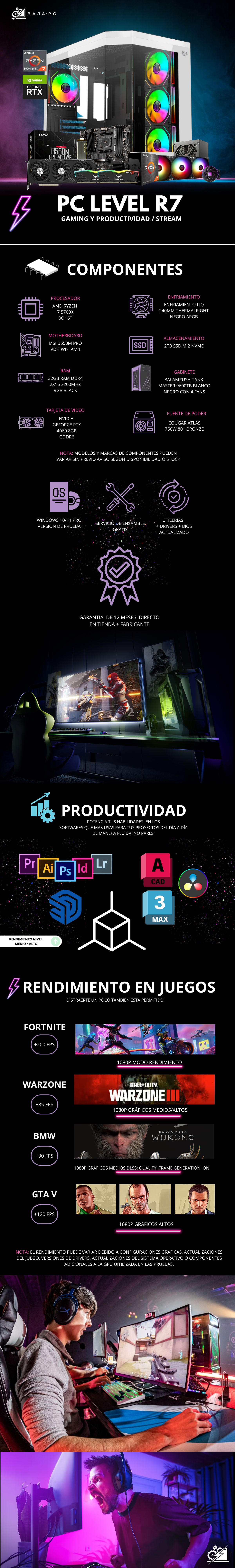 PC LEVEL R7 / AMD RYZEN 7 5700X / RTX 4060 / 32GB RAM / 2TB SSD NVME / ENFRIAMIENTO LIQ 360MM / FUENTE 750W 80+ BRONZE/ PROMOCION