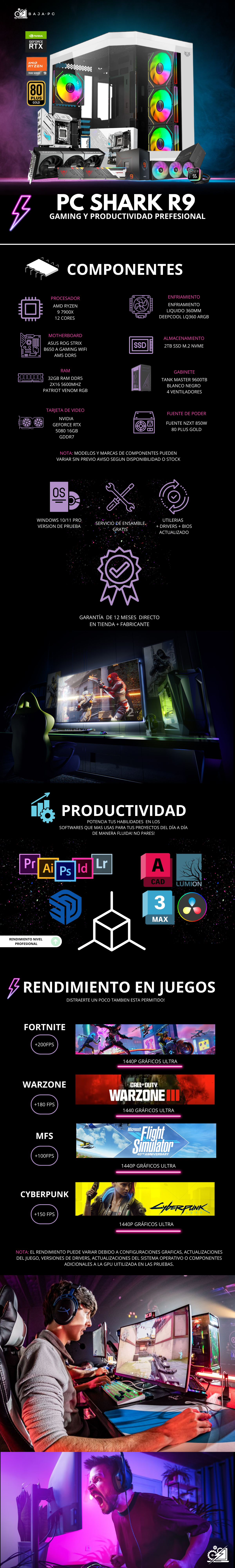 PC SHARK R9 / AMD RYZEN 9 7900X / RTX 5080 / 32GB RAM DDR5 / 2TB SSD M.2 NVME / ENFRIAMIENTO LIQ 360MM / FUENTE DE PODER 850W 80+ GOLD / PROMOCION