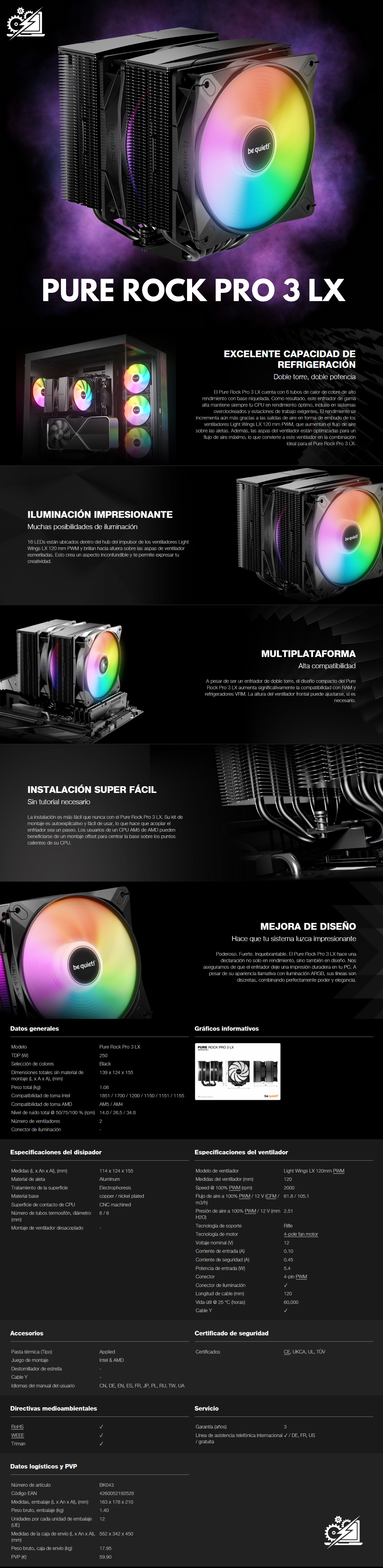 Disipador CPU be quiet! PURE ROCK PRO 3 LX, 120mm, hasta 2000RPM, Negro