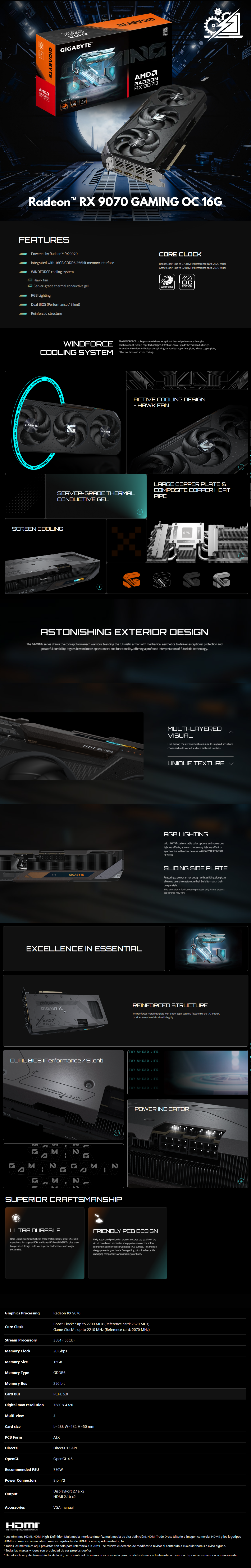 Tarjeta de Video GIGABYTE RX 9070 XT GAMING OC Edition / AMD Radeon / 16GB / 256-bit GDDR6 / PCI Express 5.0