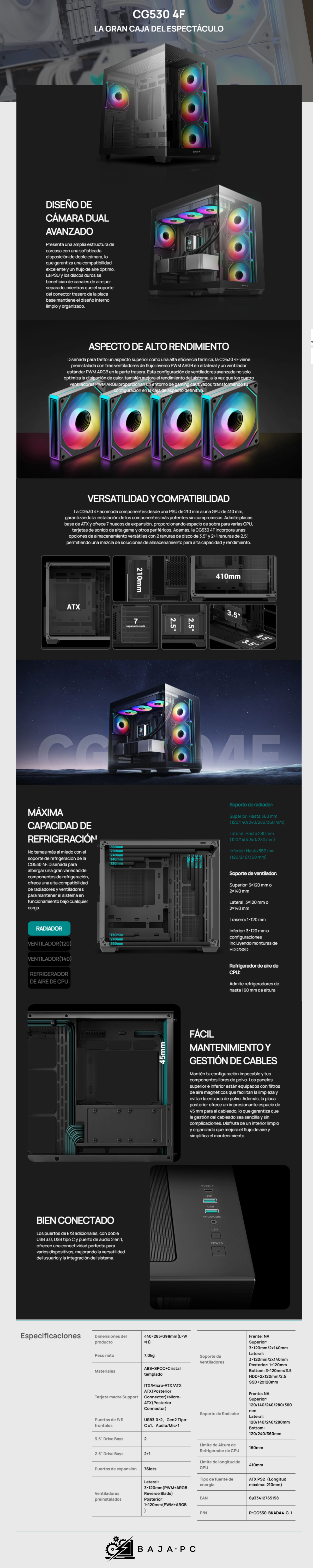 Gabinete DeepCool CG530 4F / Midi-Tower / ATX/Micro-ATX/Mini-ITX / USB 3.0 / Sin Fuente / 4 Ventiladores Instalados / Negro / R-CG530-BKADA4-G-1