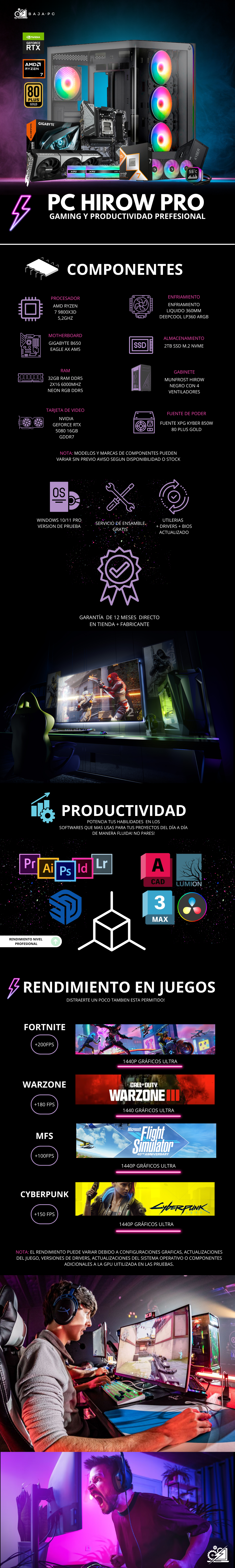 PC HIROW PRO / AMD RYZEN 7 9800X3D / RTX 5080 / 32GB RAM DDR5 / 2TB SSD M.2 NVME / ENFRIAMIENTO LIQ 360MM / FUENTE 850W 80+ GOLD / PROMOCION