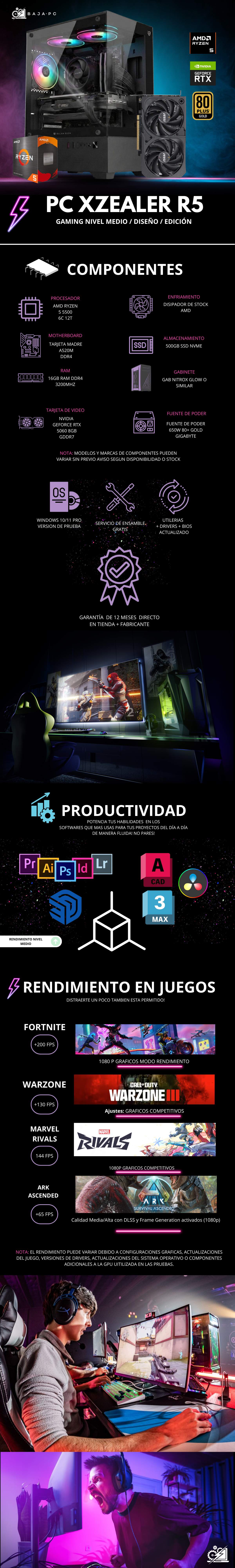 PC XZEALER R5 / AMD RYZEN 5 5500 / RTX 5060 / 16GB RAM / 500GB SSD NVME / A520M / FUENTE 650W 80+ BRONZE / W11 PRO / PROMOCION