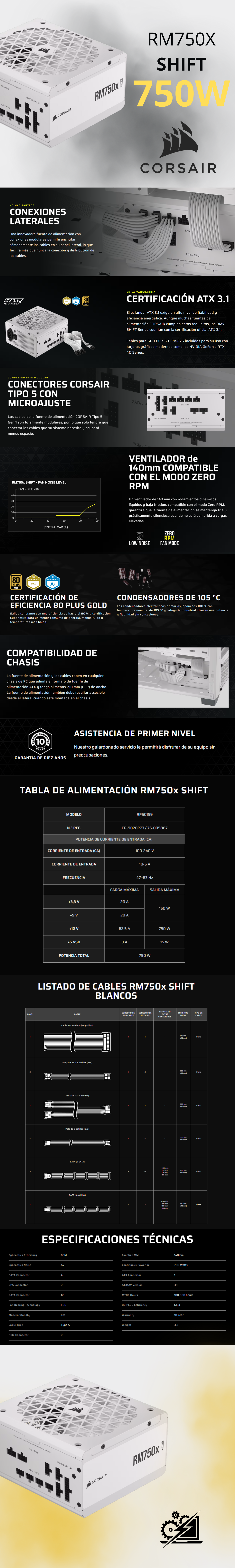 Fuente de Poder Corsair RM750x SHIFT 80+ Gold / Modular / 24-pin / ATX / 140mm / 750W / CP-9020273-NA