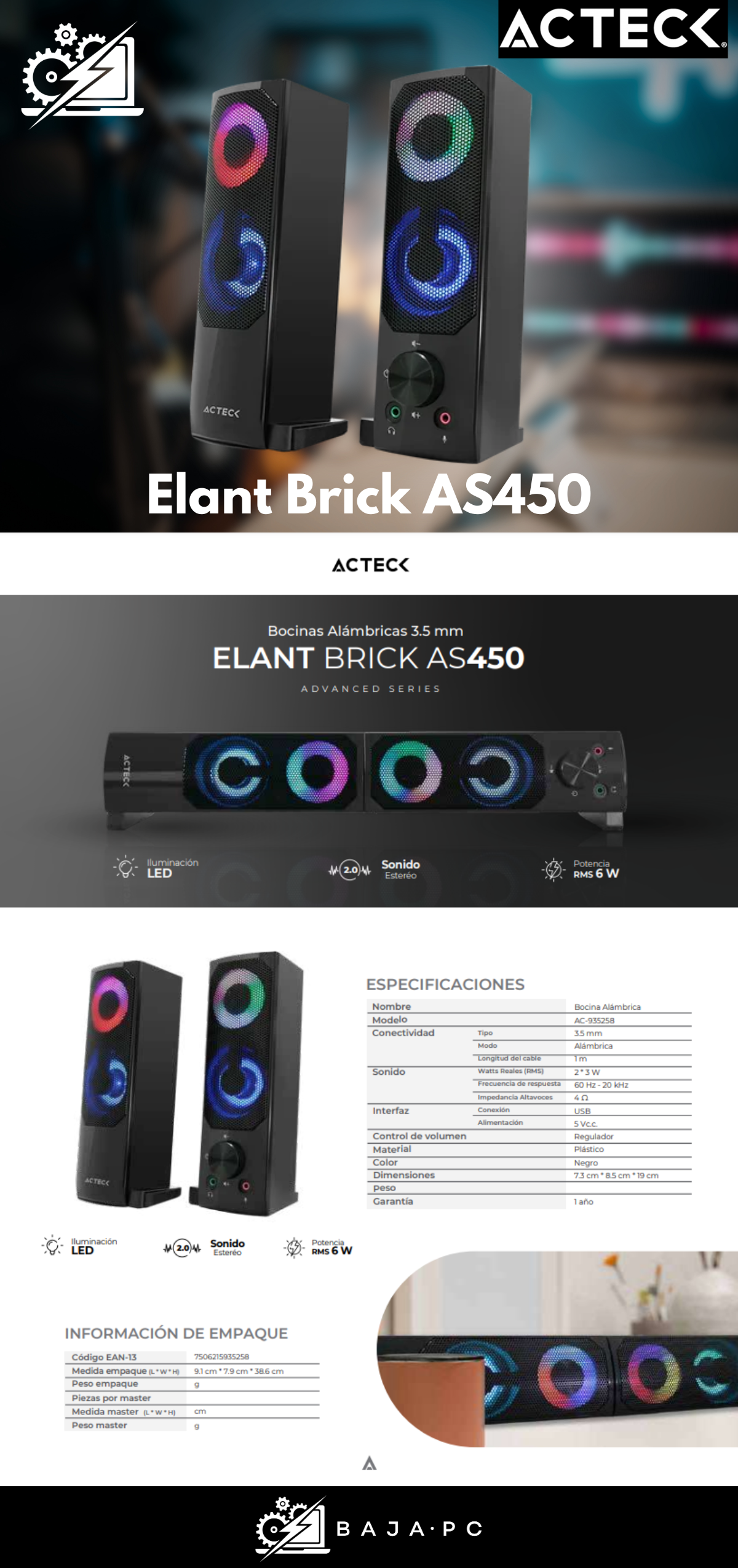 Bocinas Acteck Elant / Alámbrico / 3W RMS / 3.5mm / Negro / AC-935258