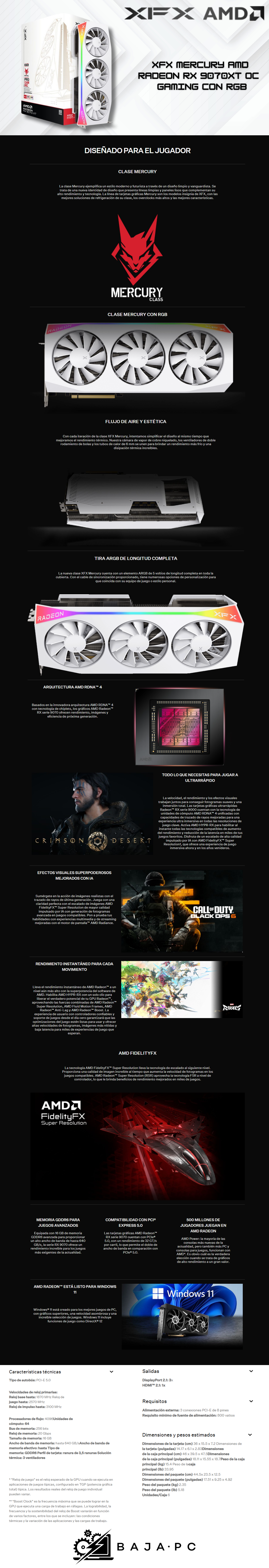 Tarjeta de Video XFX RX 9070 XT MERCURY OC Edition / AMD Radeon / 16GB / 256-bit GDDR6 / PCI Express 5.0 / RX-97TRGBBW9